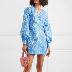 GANNI metallic blue jacquard NWT wrap mini party dress 40 (M-L)